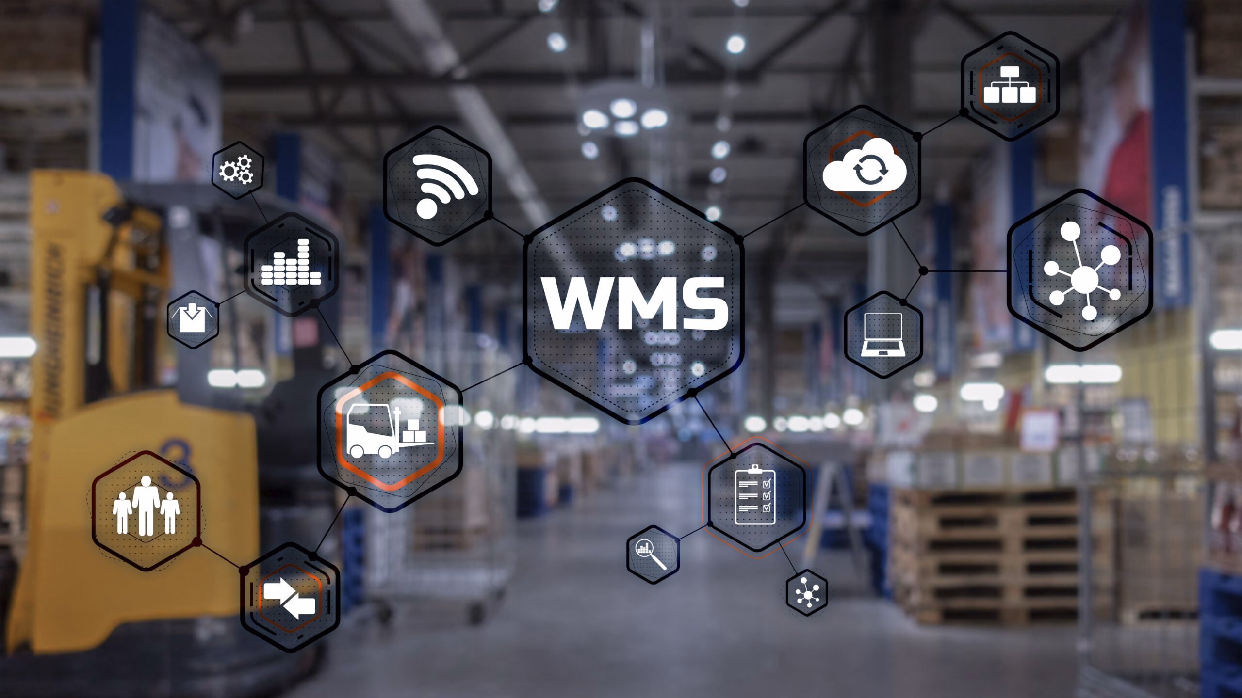 Inscription WMS on blurred warehouse background. Werehouse Management System. WMS